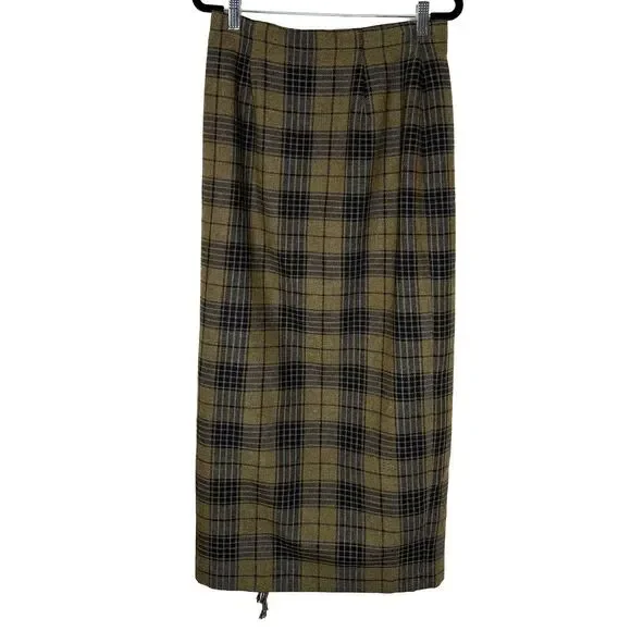 Vintage Liz Clairborne Lizwear Women's Pencil Wrap Wool Midi Skirt Plaid Fringe - Picture 2 of 7